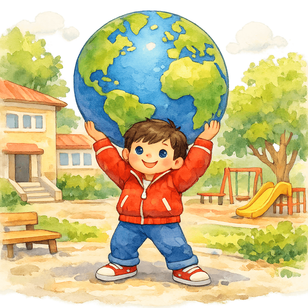 Школьник держит глобус как мяч