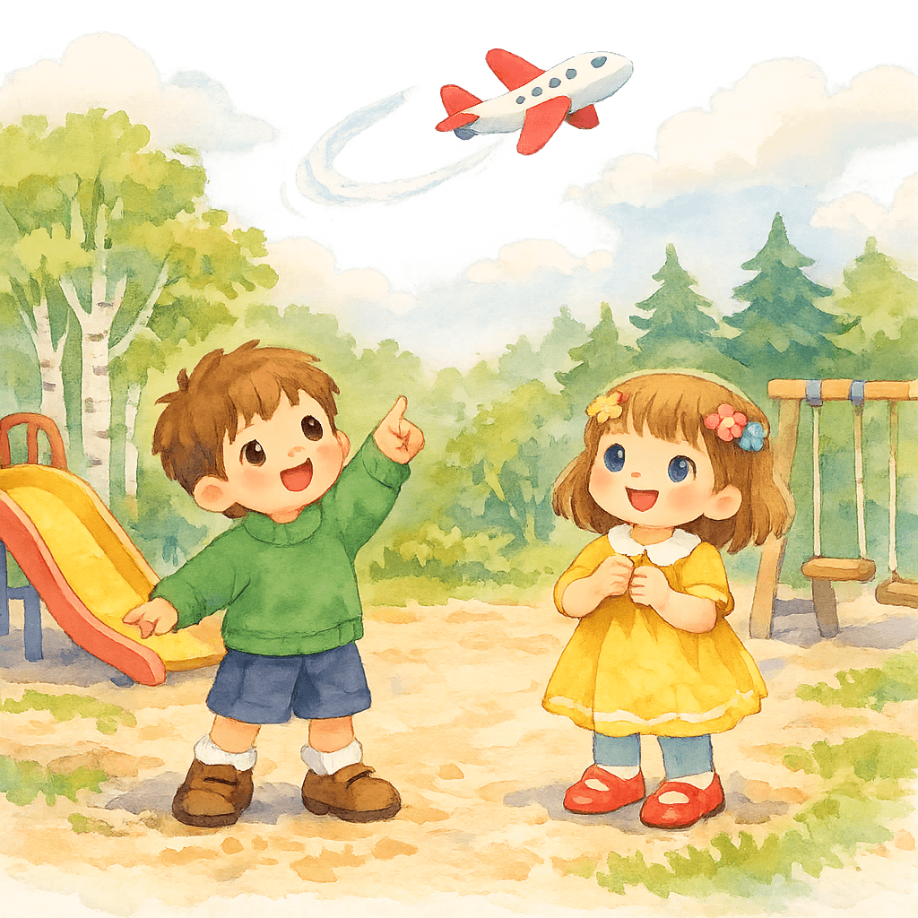 Дети запускают бело-красный самолётик над лесом