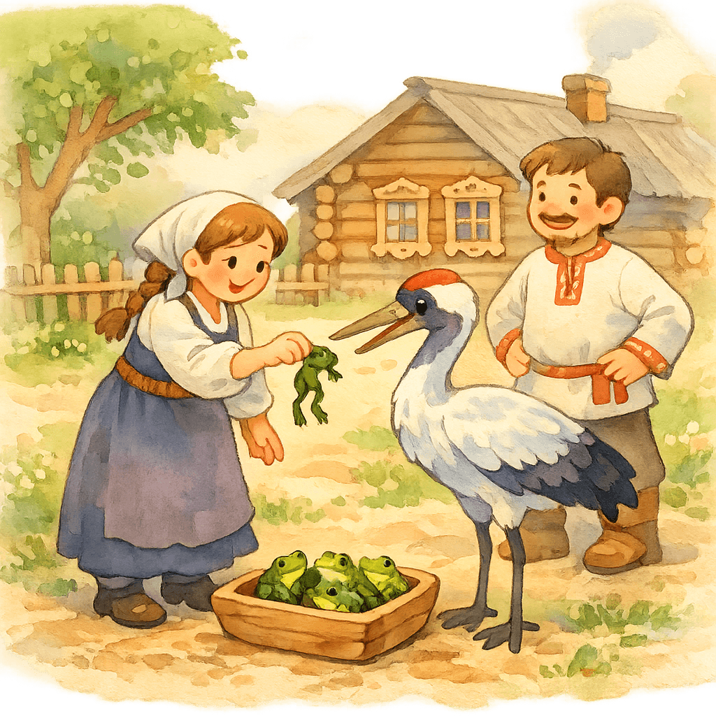 Жена и муж кормят Журку лягушками во дворе