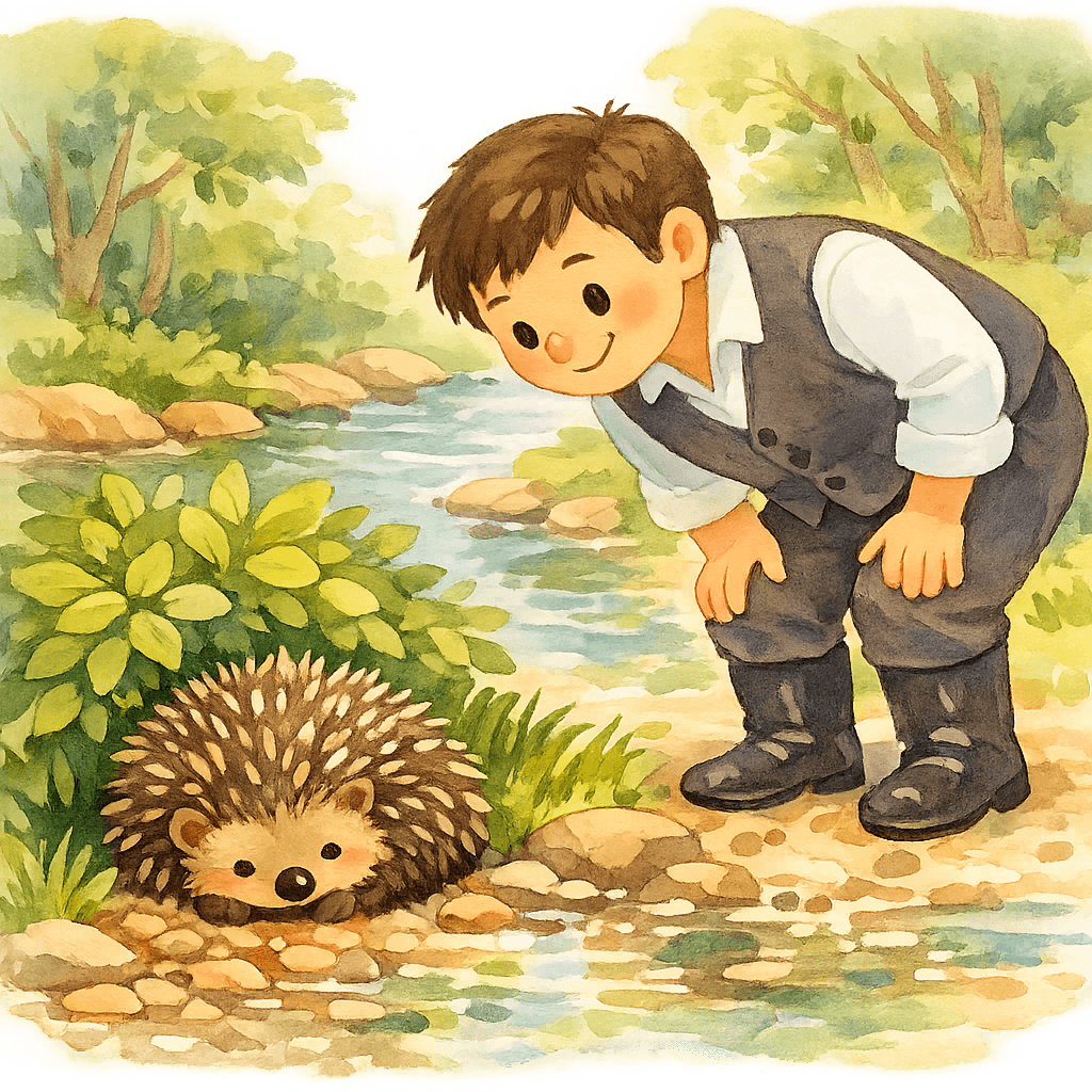 Мужчина у ручья заметил под кустом свернувшегося ёжика.