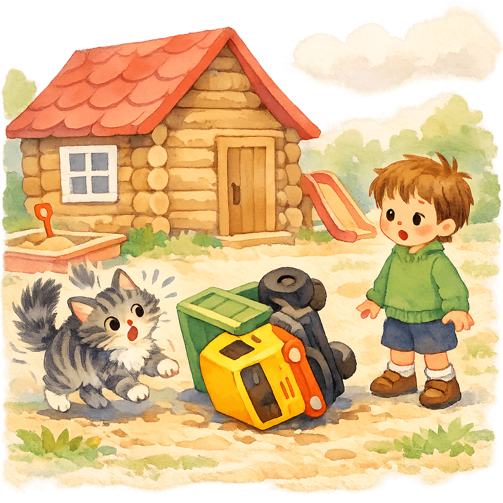 Кот испугался и опрокинул игрушечный грузовик