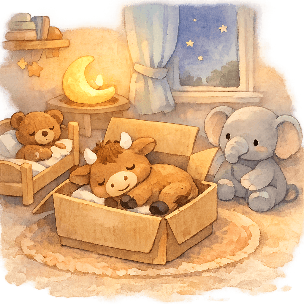 Игрушки укладываются спать: бычок в коробке, мишка в кроватке, слон не спит