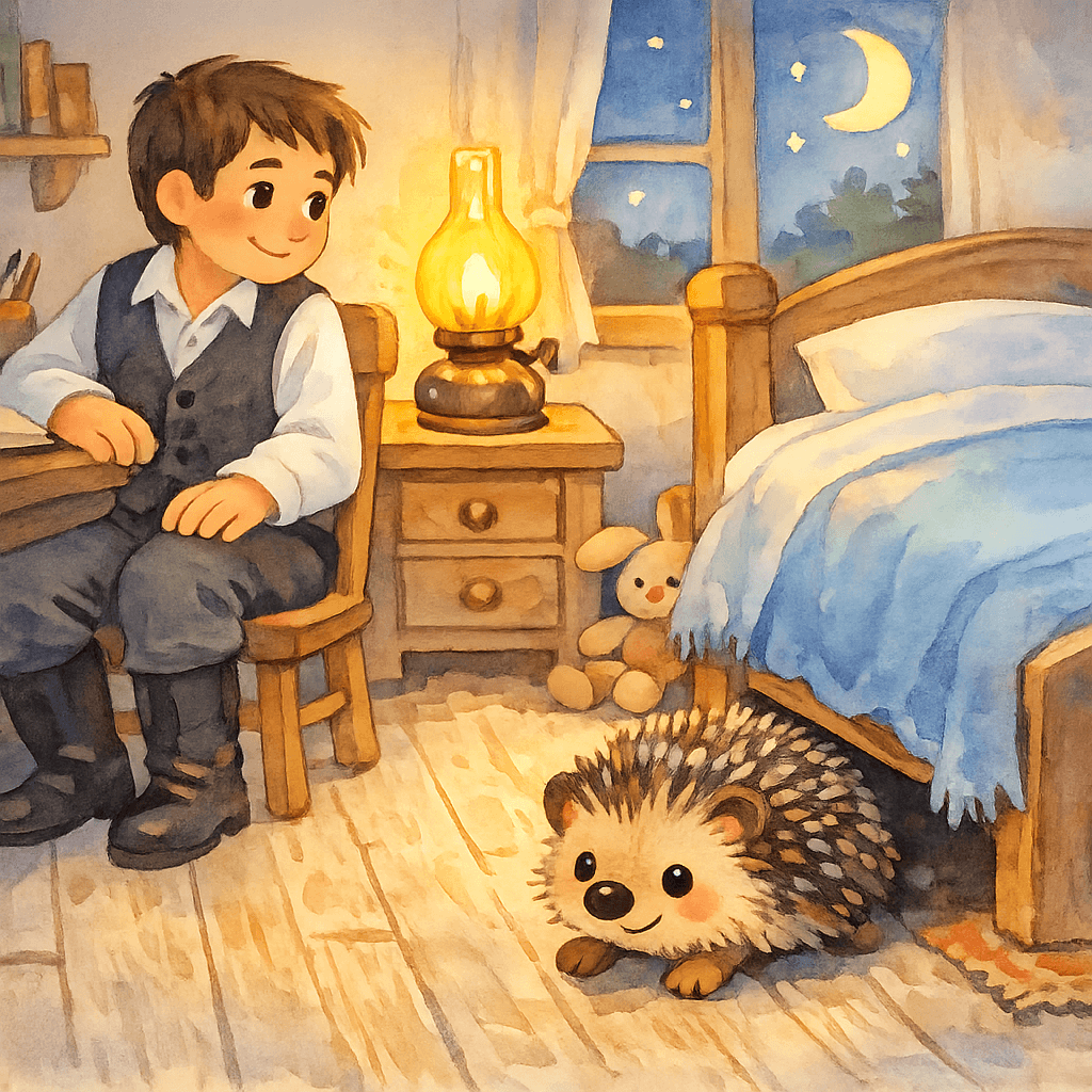 Ночью при свете лампы ёжик выбежал из-под кровати.