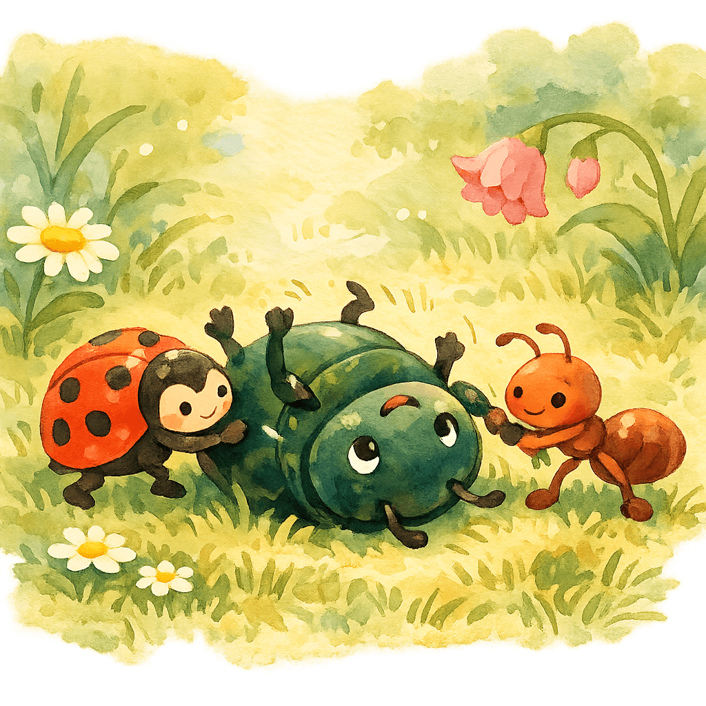 Жуку помогают божья коровка и муравей