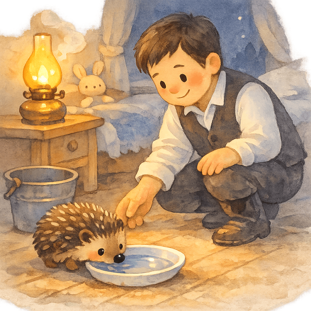 Мужчина подвинул тарелку с водой, и ёжик начал пить.