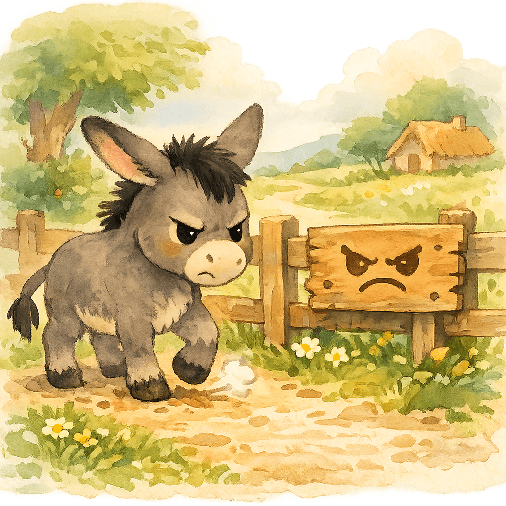 Сердитый ослик у забора