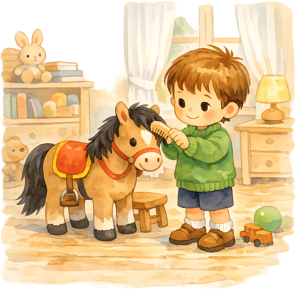 Мальчик причёсывает игрушечную лошадку гребешком