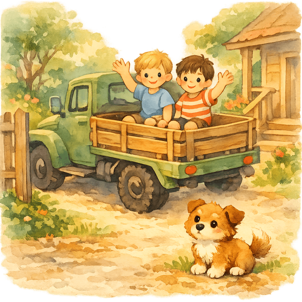 Грузовик увозит ребят, щенок остается у ворот