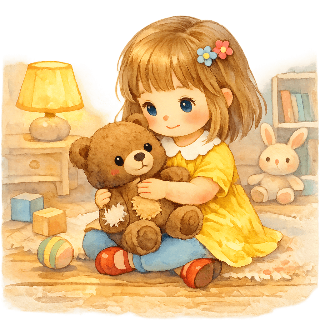 Таня бережно держит мишку с пришитой лапой