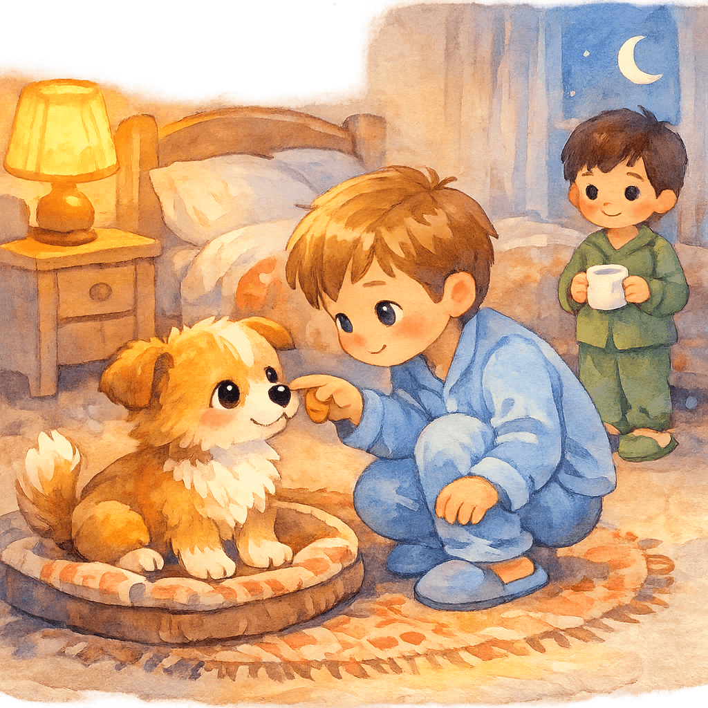 Мальчики ночью проверяют нос щенка