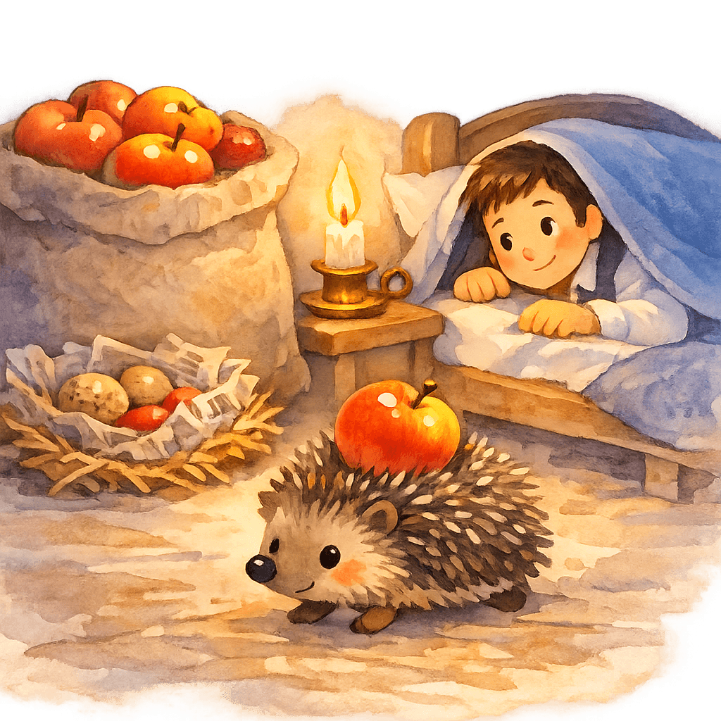 Ёжик несёт яблоко на иголках к своему гнезду.