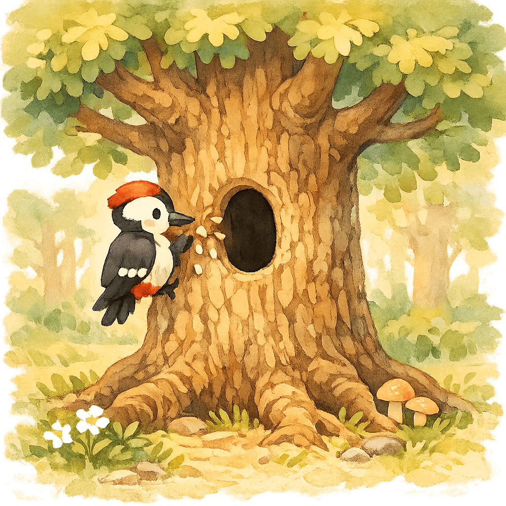 Дятел стучит по дубу у пустого дупла