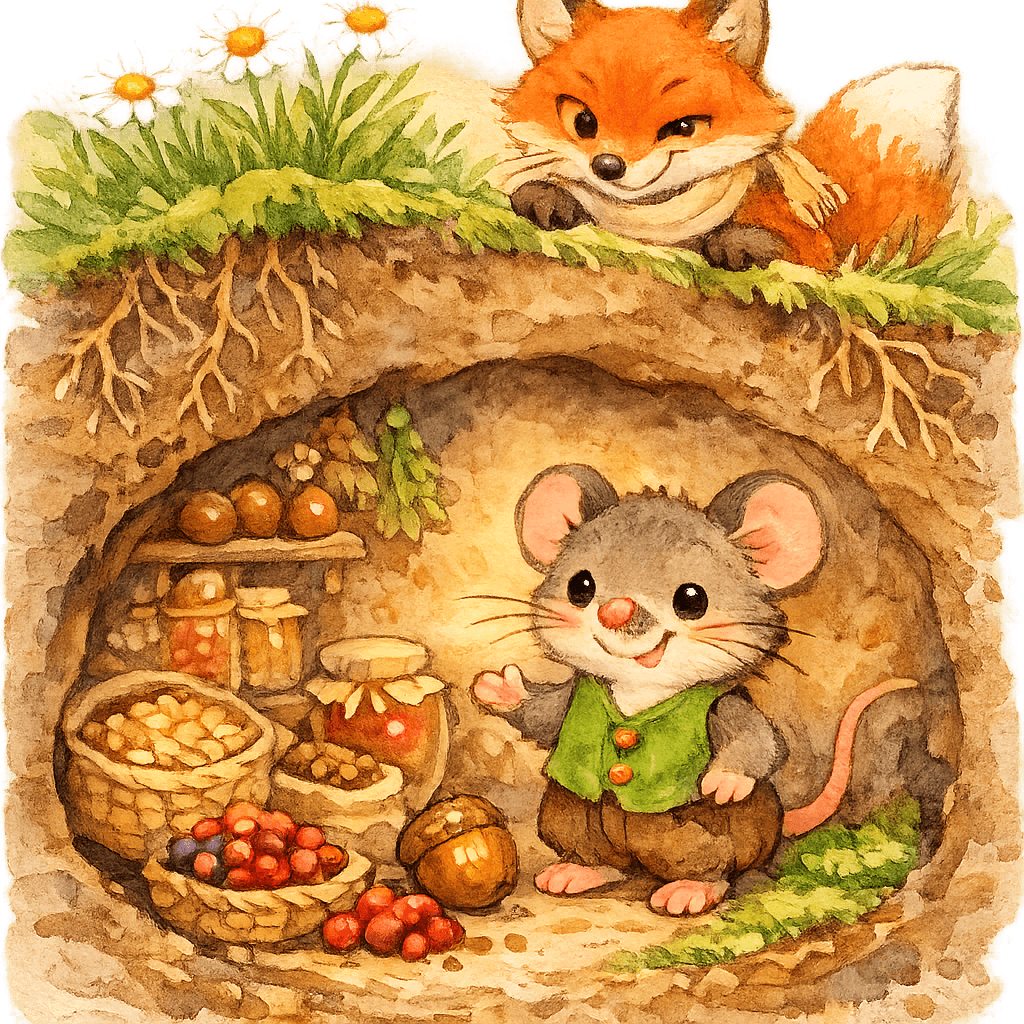 Мышонок показывает кладовочку с запасами