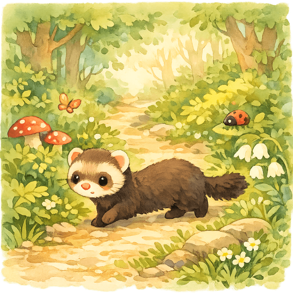 Хорёк идёт по лесу