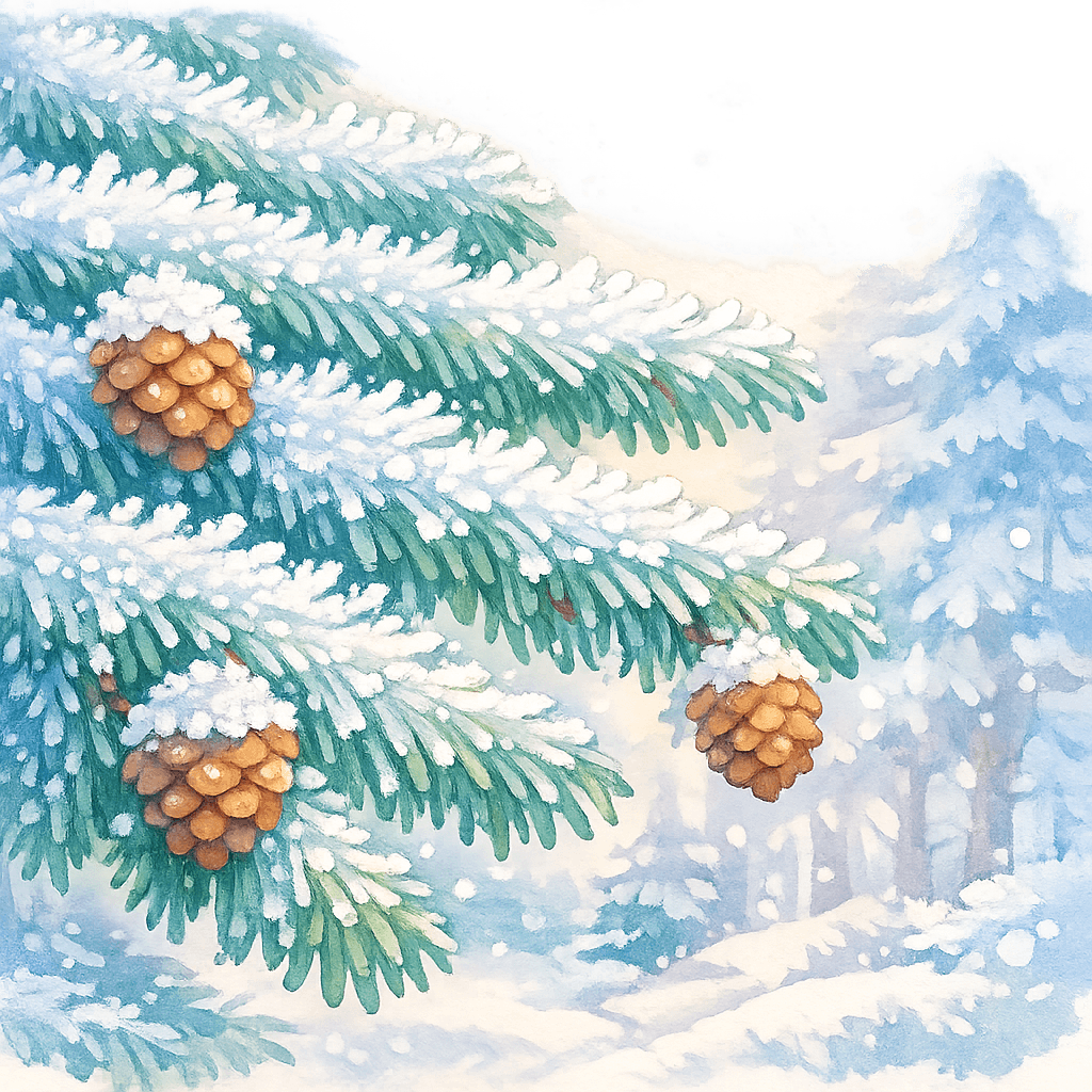 Иней на ветвях ели, побелевшие иглы