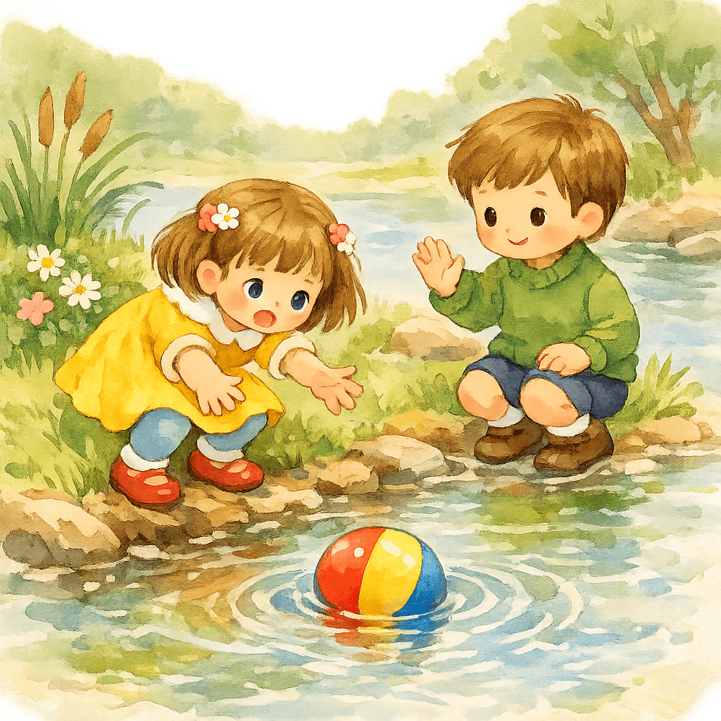 Таня уронила мяч в речку, но он плавает у берега