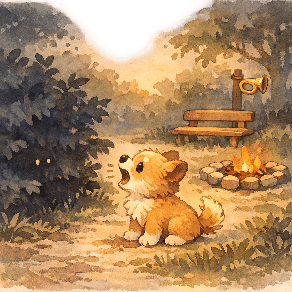 Щенок лает на темные кусты и ждет ребят