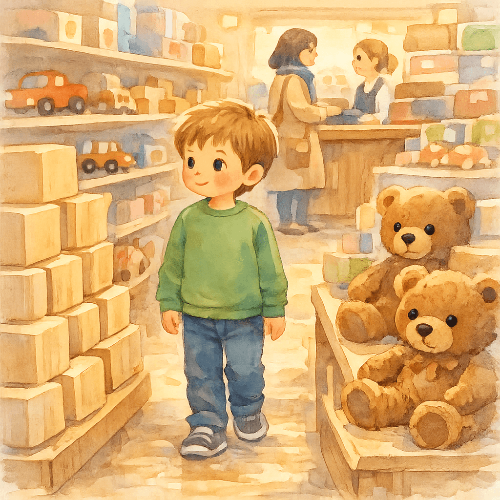 Ваня рассматривает игрушки на полках