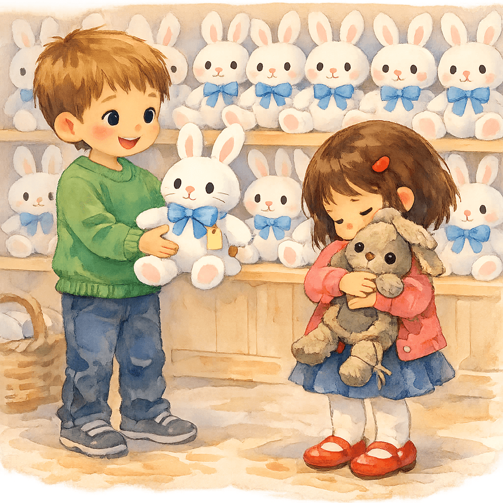 Ваня предлагает нового зайца, девочка держит старого