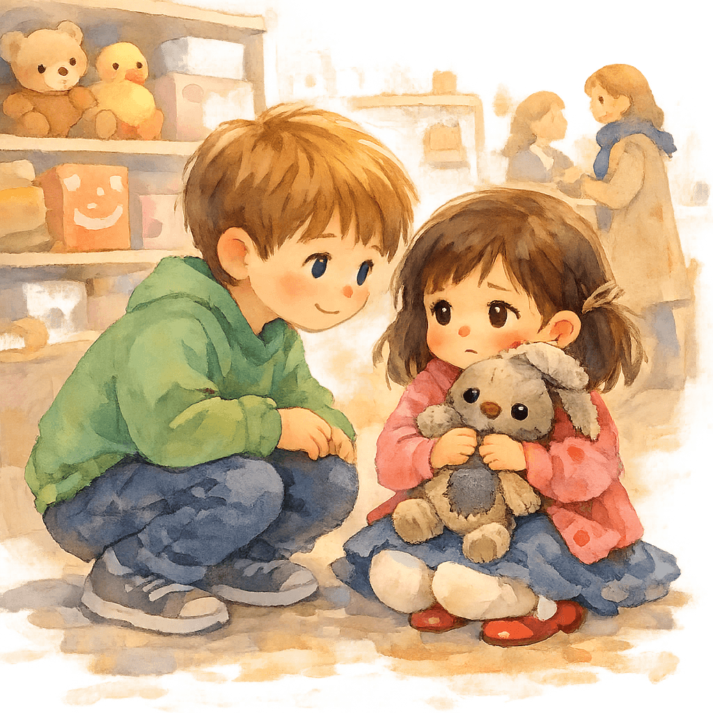 Ваня присел и тихо разговаривает с девочкой