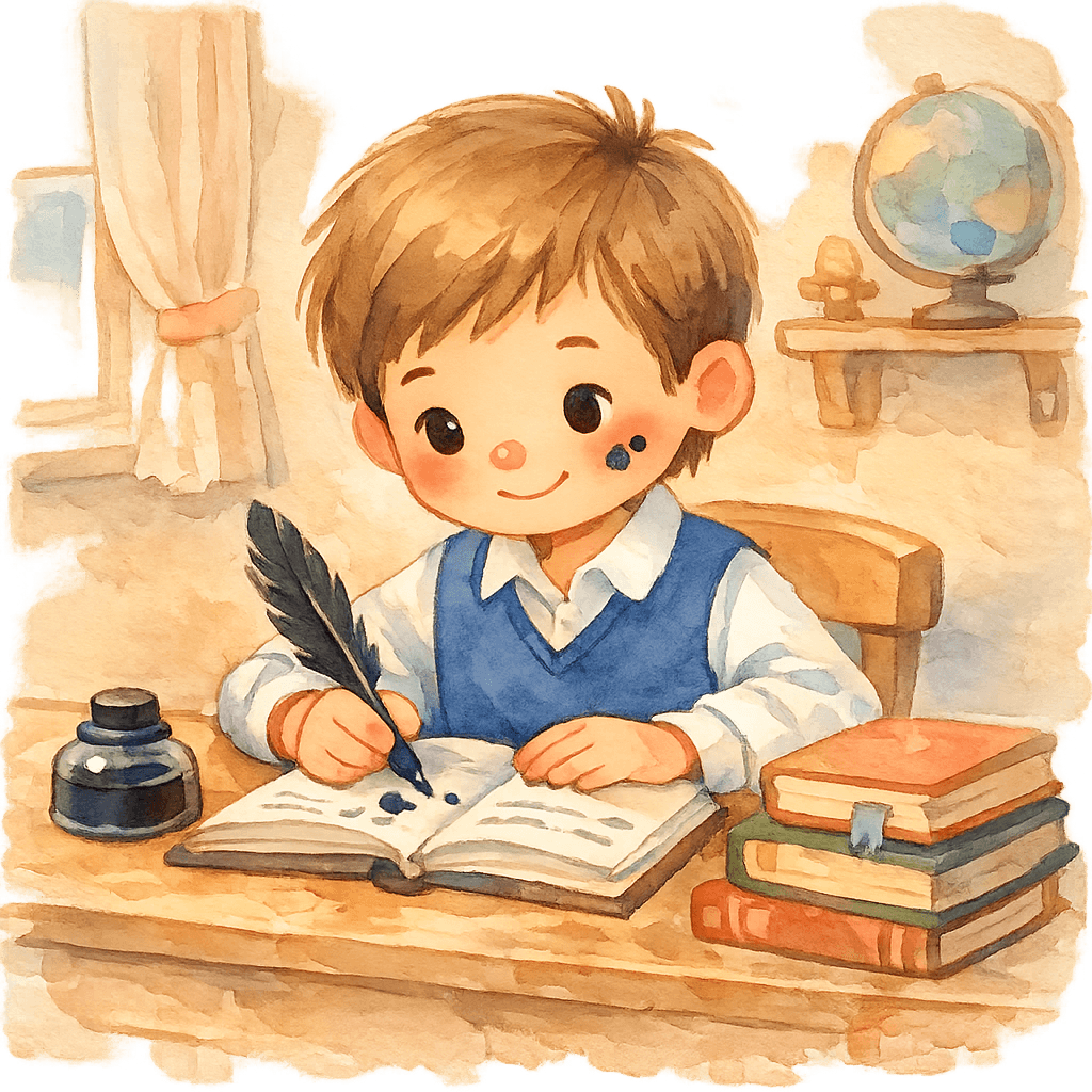 Ученик учит уроки, щёки в чернилах