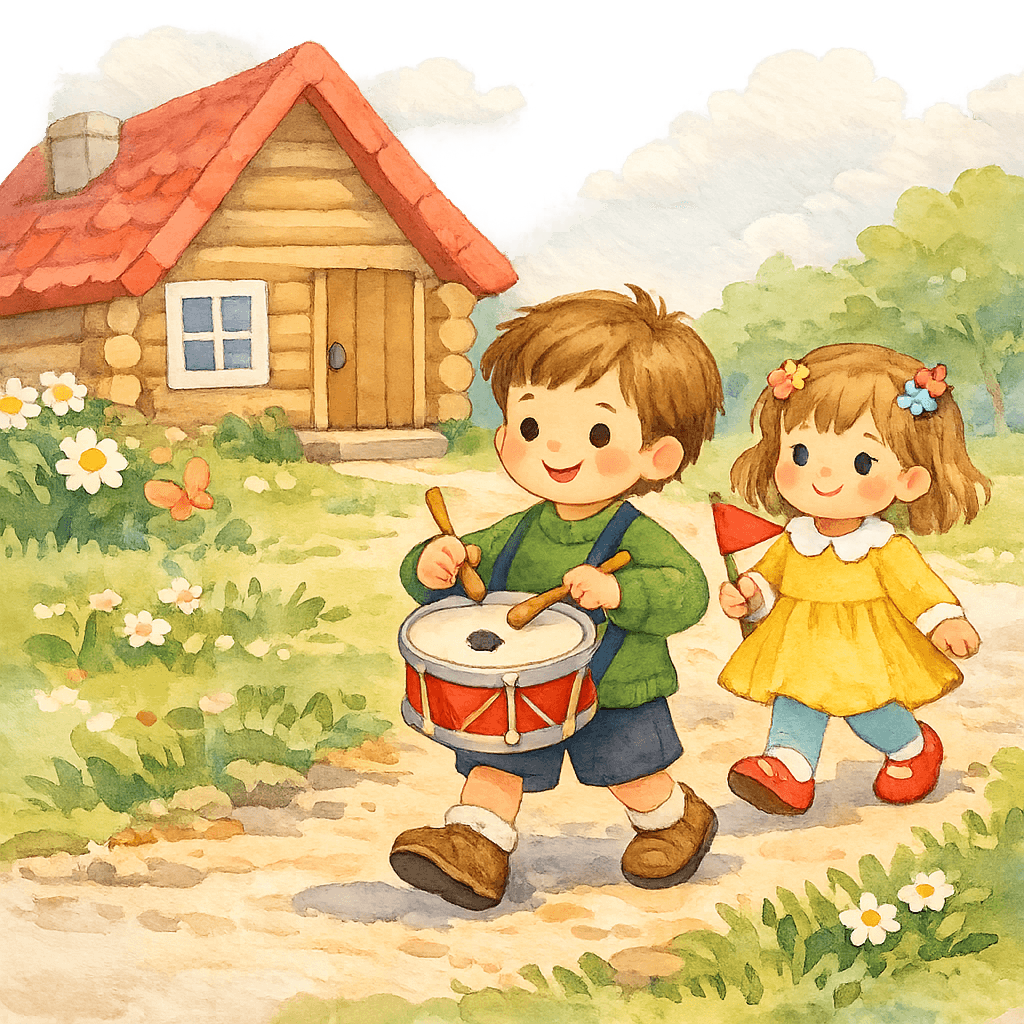 Детский «парад»: мальчик барабанит, Таня идёт с флажком