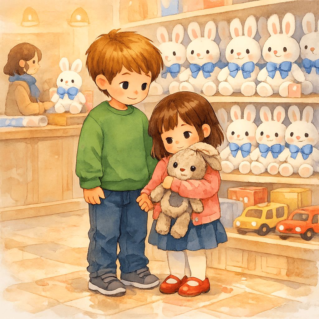 Ваня и девочка в магазине игрушек, старый любимый заяц