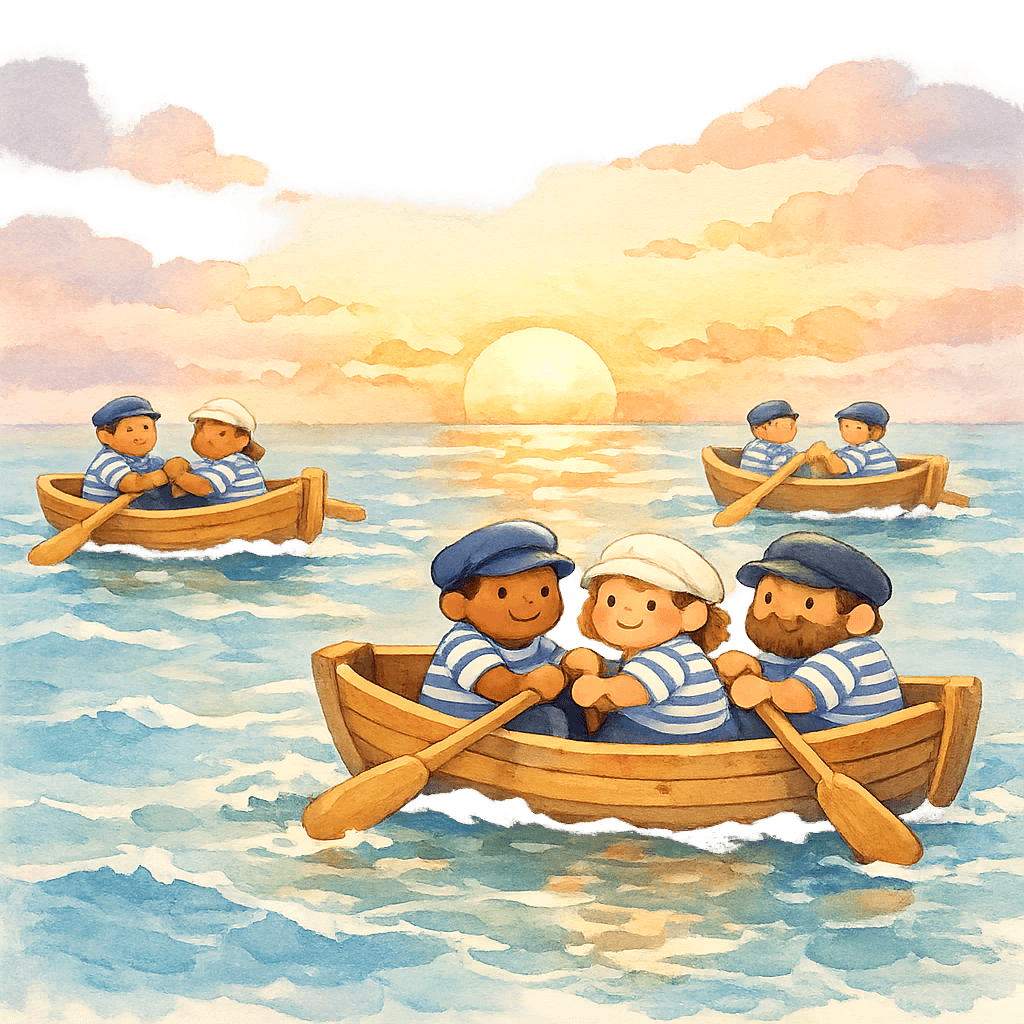 Лодки в море и люди, гребущие вёслами