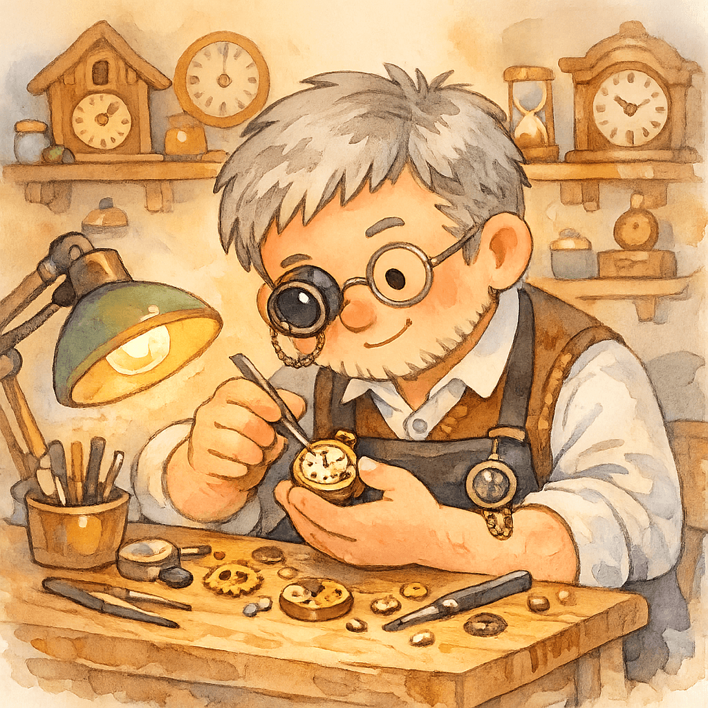 Часовщик чинит маленькие часики