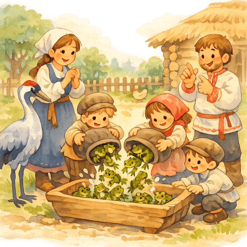 Ребята приносят лягушек в картузах, и все считают, сколько съест Журка