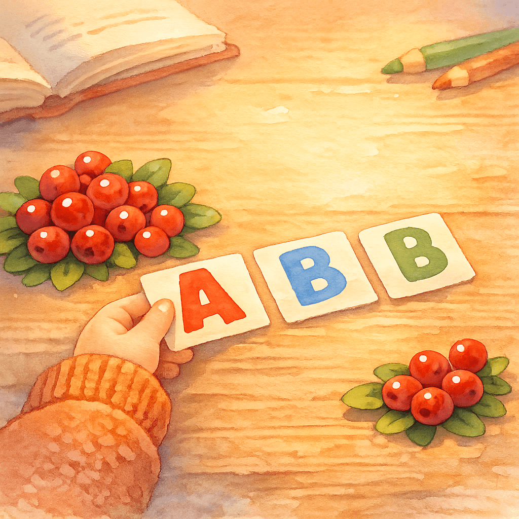 Клюква и карточки с буквами на столе