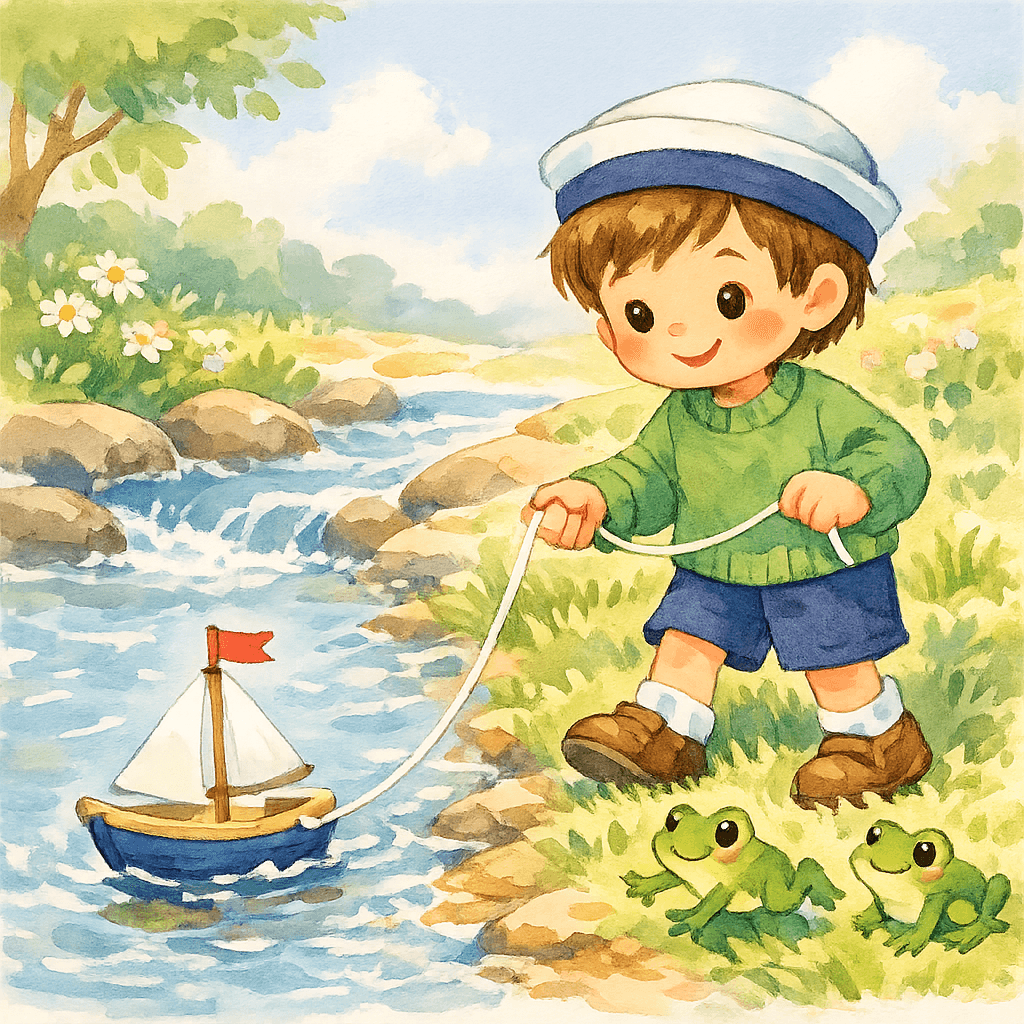 Мальчик в матросской шапке тянет кораблик по ручью, рядом скачут лягушки