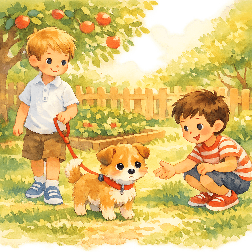 Щенок учится гулять на поводке в саду