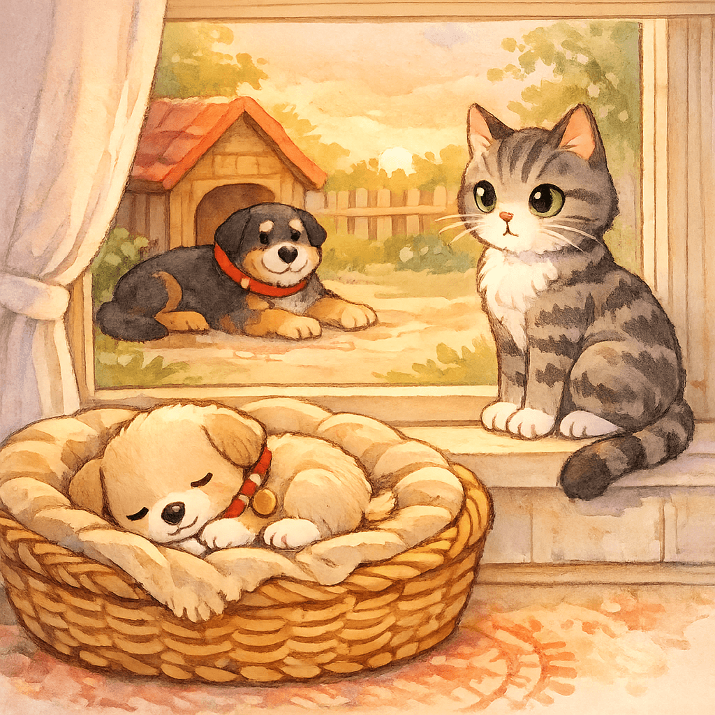 Щенок засыпает в корзинке и мечтает понять, кем станет, когда вырастет