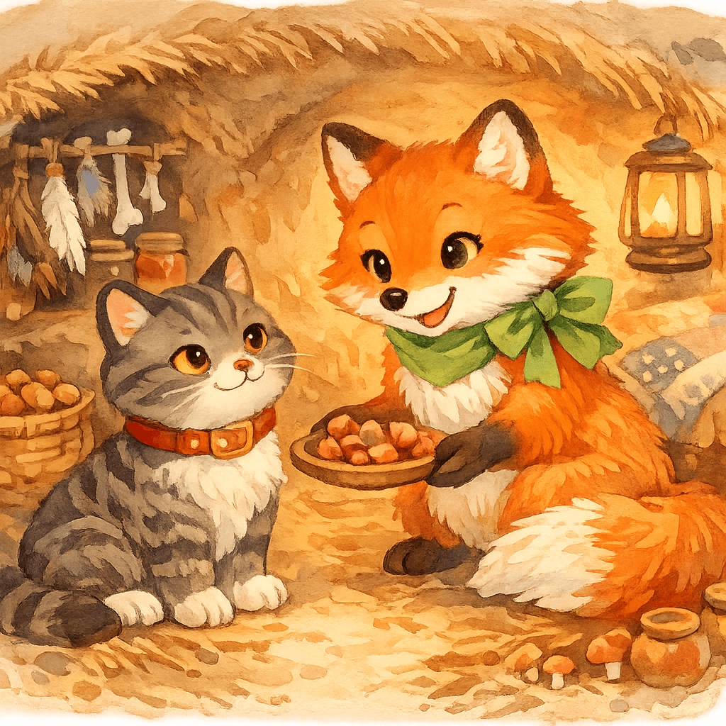Лиса угощает кота в своей норе