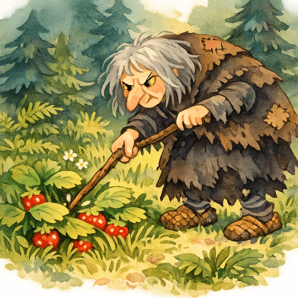 Баба Яга ищет землянику, а ягоды прячутся под листьями