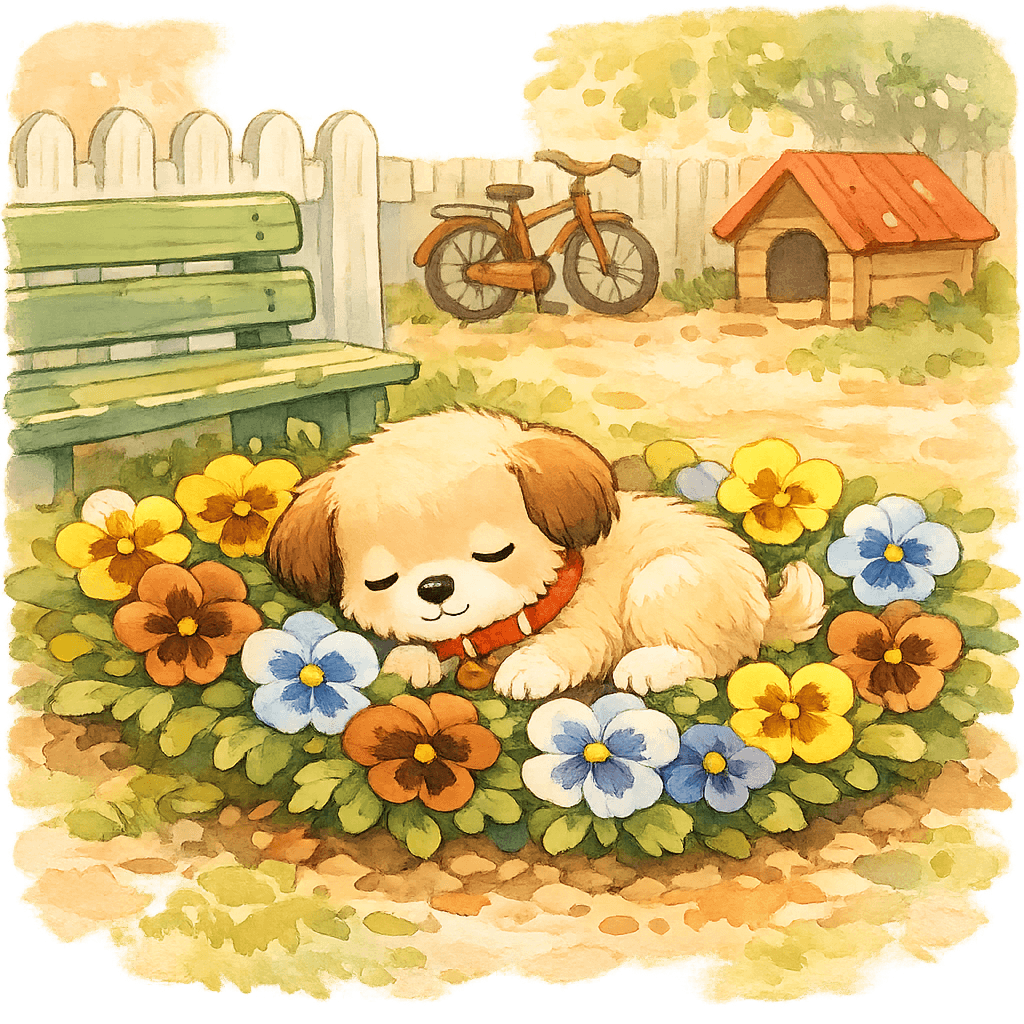 Щенок устраивается прямо на клумбе и «украшает» бабушкины цветы