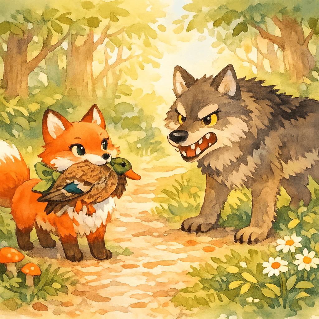 Лиса с уткой встречает волка