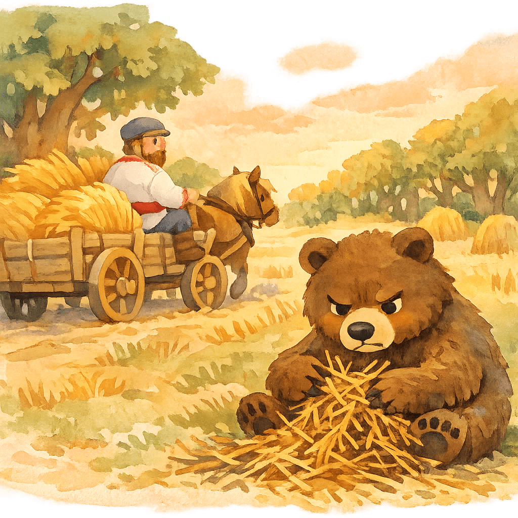 Медведь сердится на корешки ржи, а мужик увозит урожай