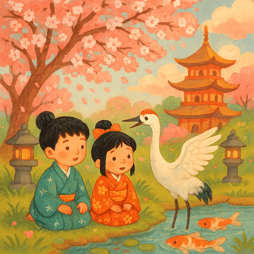 Японский мальчик и девочка в кимоно слушают волшебного журавля у пруда с карпами, цветущая сакура, пагода и фонарики. Детская сказочная атмосфера.