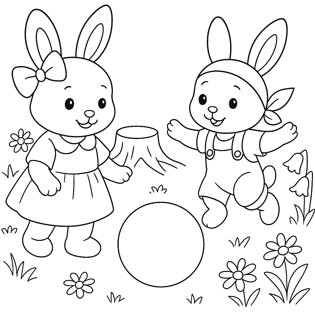 Раскраска по сказке "Зайки Плюша и Тая и синий мячик в ямке"