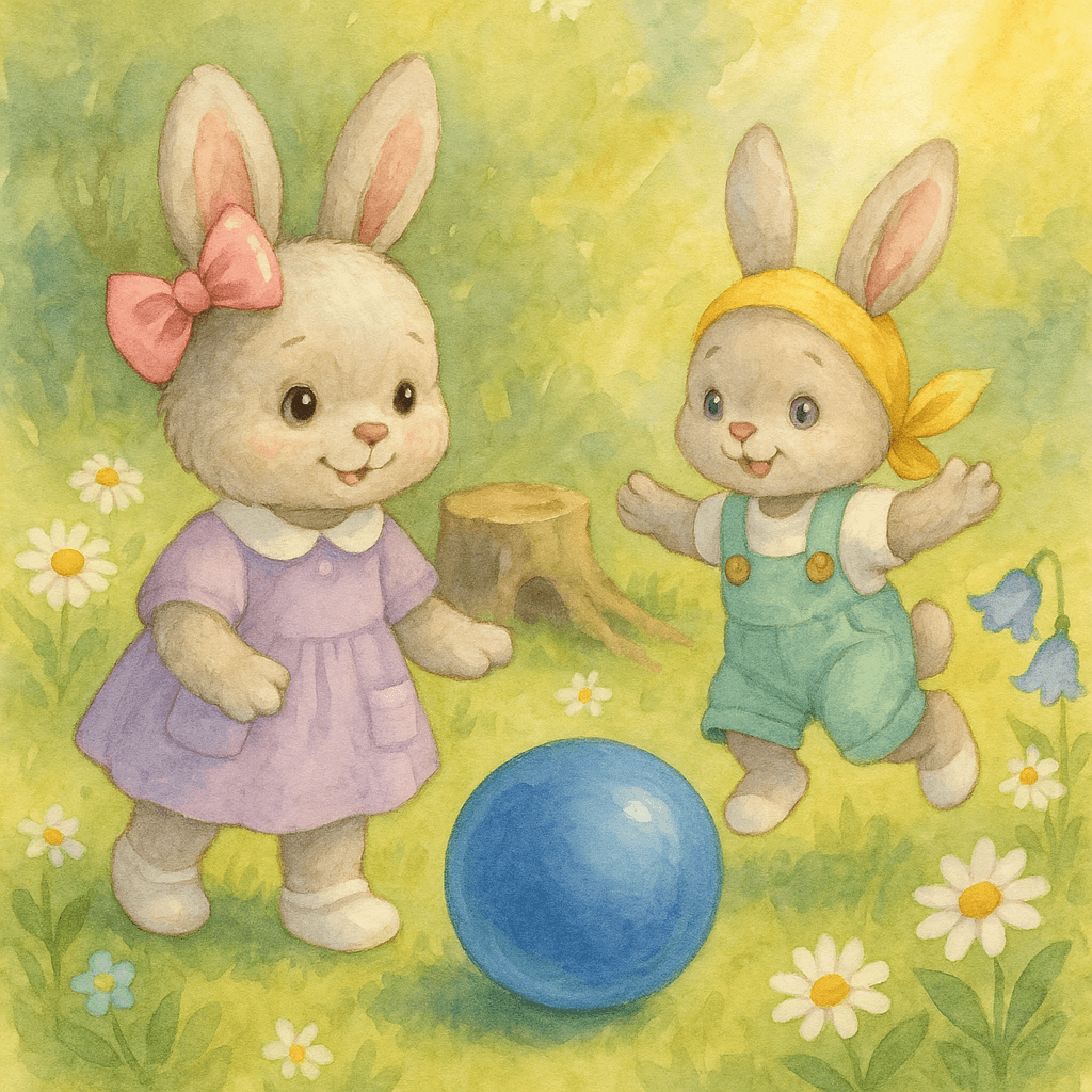 Зайки снова весело играют с мячом на полянке