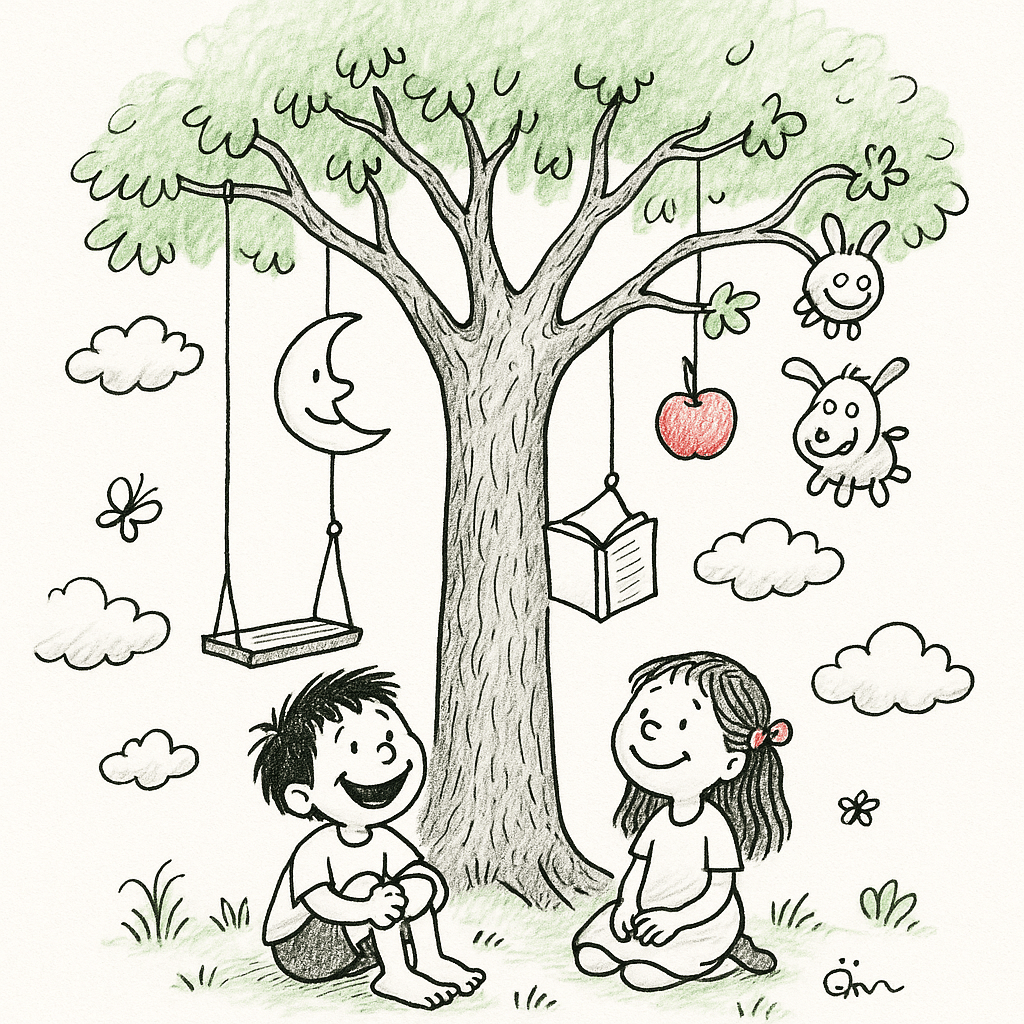 Мальчик и девочка под волшебным деревом с необычными предметами, стиль Шела Силверстайна, минималистичная детская графика.