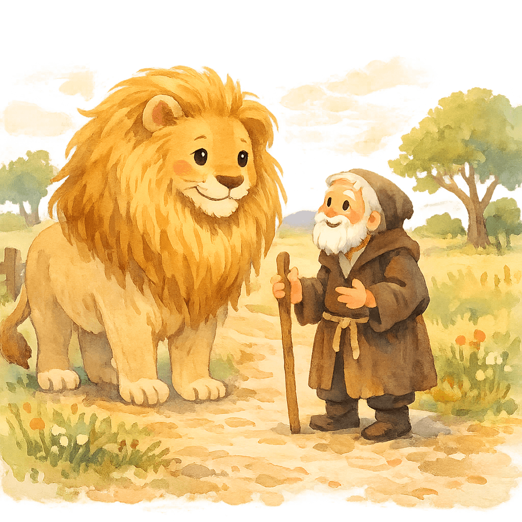 Лев встречает старика на дороге