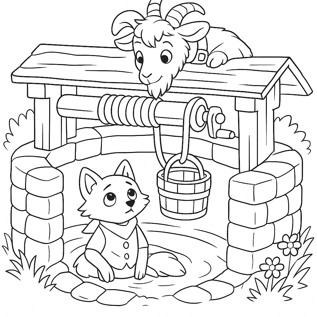 Раскраска по сказке "Лиса и козел"