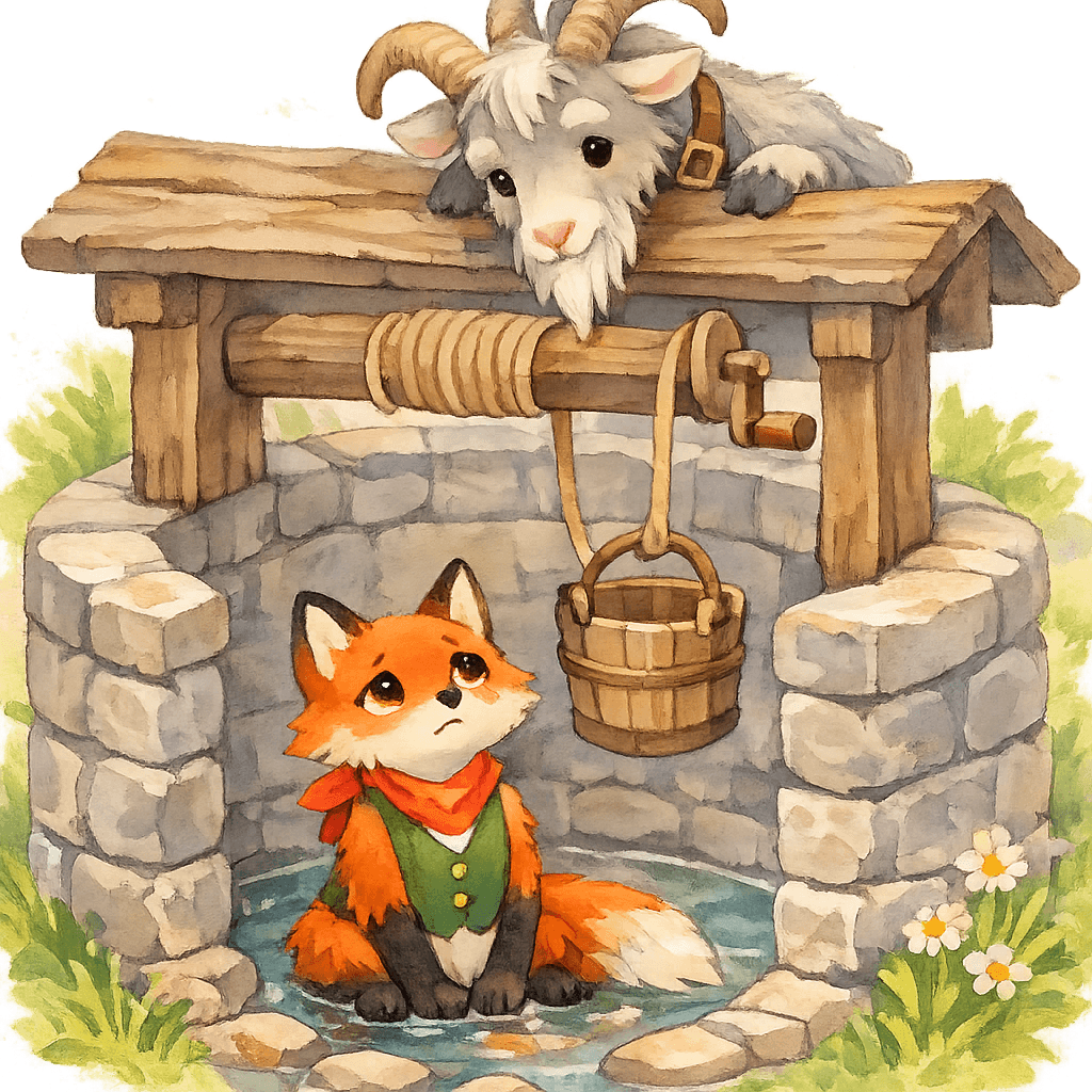 Козёл заглядывает в колодец, а лиса сидит внизу