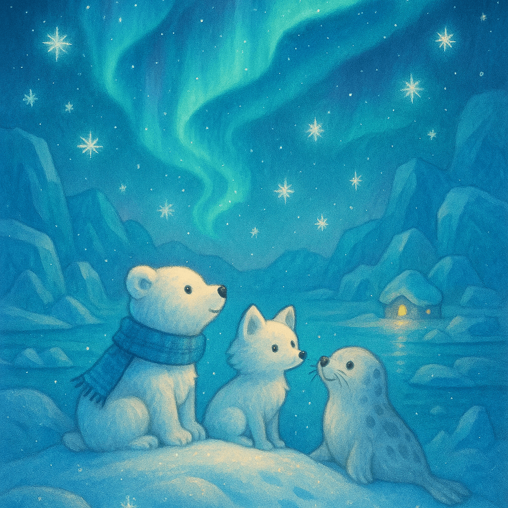 Белый медвежонок в шарфике, лисёнок-песец и тюлёнок на снежном холмике под северным сиянием, вокруг сияющие снежинки и светлячки. Детский сказочный стиль, атмосфера чуда и зимы.