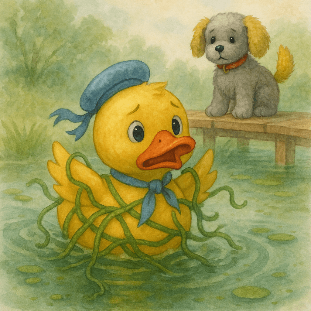 Кряк запутался в водорослях посреди пруда