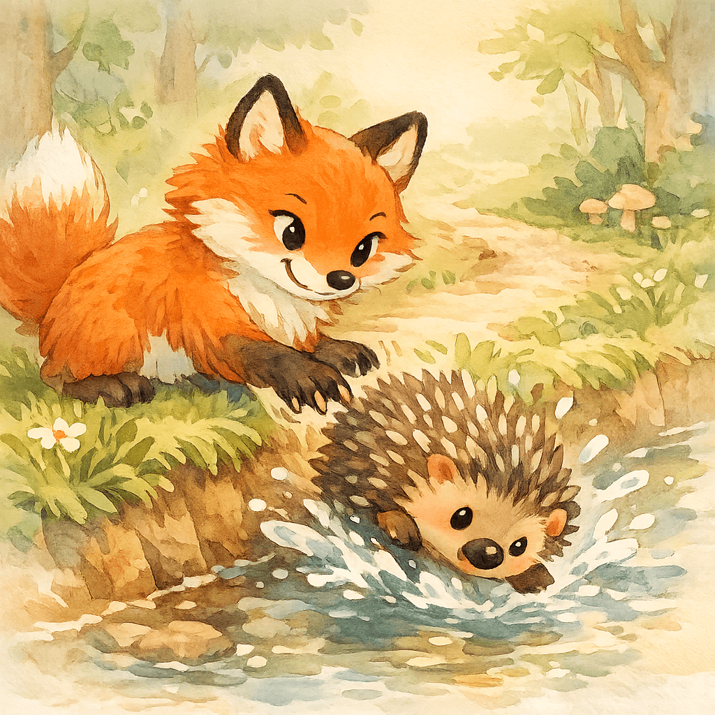 Лиса коготками толкает ёжика в канаву