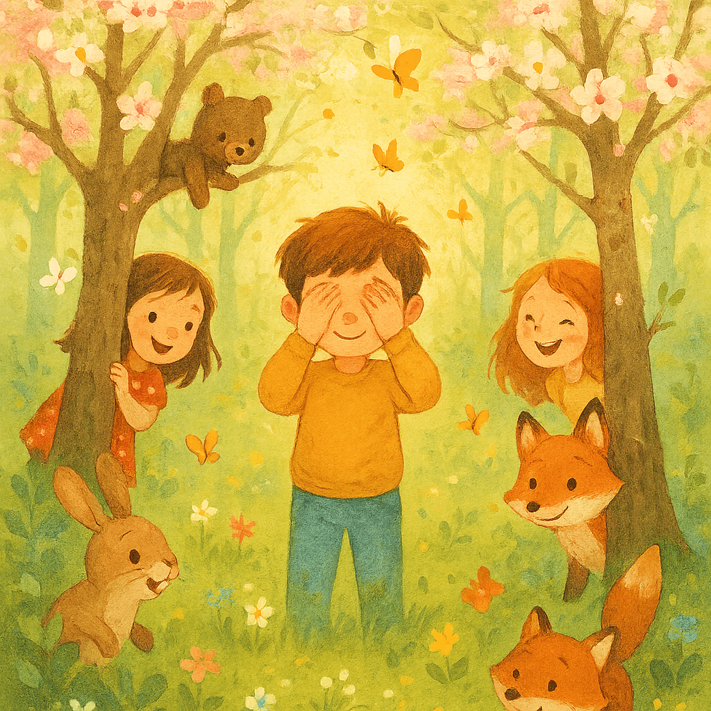 Дети и зверята играют в прятки среди цветущих деревьев весеннего леса, атмосфера уюта, дружбы и волшебства, современный детский стиль.